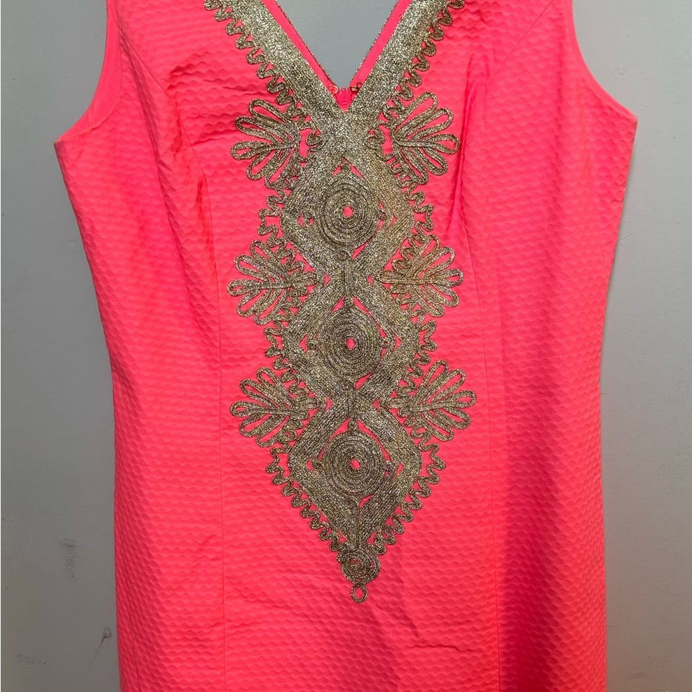Lilly Pulitzer “Junie Shift Dress” Coral Reef w/ Gold detail.